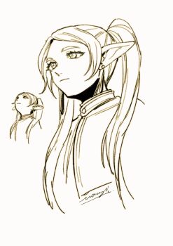 1girl artist_name capelet closed_mouth commentary_request earrings elf frieren from_below highres jewelry lineart meme monochrome mouyi parted_bangs pointy_ears signature solo sousou_no_frieren twintails upper_body upward_angle_frieren_drawing_(meme) white_background white_capelet