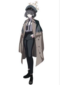 1girl beret black_eyes black_hair black_necktie black_pants black_shoes blue_archive brown_coat closed_mouth coat coat_on_shoulders collared_shirt commentary_request cu_cu_cu diagonal-striped_clothes diagonal-striped_necktie full_body green_hat halo hand_in_pocket hat highres hiromi_(blue_archive) looking_at_viewer necktie pants shirt shoes short_hair simple_background smile solo standing striped_clothes suspenders white_background white_shirt