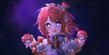 3girls blue_eyes blush chibi commentary_request cross-shaped_pupils flower hair_flower hair_ornament highres honkai:_star_rail honkai_(series) interlocked_fingers looking_at_viewer medium_hair multiple_girls open_mouth pointy_ears red_hair ryeong space symbol-shaped_pupils trianne_(honkai:_star_rail) tribbie_(honkai:_star_rail) trinnon_(honkai:_star_rail) twitter_username