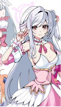 1girl alternate_breast_size_(larger) bare_shoulders blue_archive breasts bustier commentary_request crescent crescent_hair_ornament cropped detached_collar detached_sleeves dress earrings hair_intakes hair_ornament half_updo halo head_wings highres jewelry large_breasts light_blush long_hair looking_at_viewer magical_girl no_bra official_alternate_costume pink_dress pink_halo red_eyes single_head_wing solo star_(symbol) star_earrings suzumi_(blue_archive) suzumi_(magical)_(blue_archive) sweat teroppo underbust upper_body v very_long_hair white_hair wings wrist_cuffs