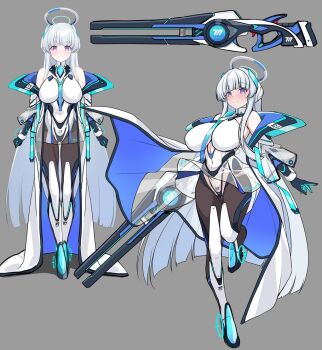 Rule 34 | 1girl, bare shoulders, black pantyhose, blue archive, blush, breasts, concept art, gun, halo, headgear, large breasts, leg up, long hair, looking at viewer, magical girl, mechanical halo, noa (blue archive), pantyhose, purple eyes, smile, solo, strelka belca, very long hair, weapon, white hair, white halo