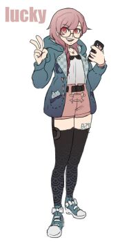 1girl :d black_thighhighs blue_jacket braid character_name concept_art full_body glasses graveweaver hair_over_shoulder highres holding holding_phone hood hood_down jacket looking_at_viewer open_mouth original phone pink_hair pink_shorts red_eyes shirt shirt_tucked_in shoes shorts single_braid smile sneakers solo thighhighs v white_shirt zettai_ryouiki