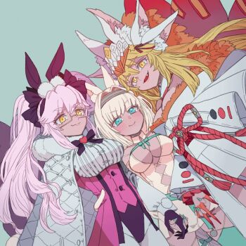 3girls animal_ear_fluff black_ribbon blonde_hair blue_background blue_eyes breasts cleavage commentary_request dobrynya_nikitich_(fate) extra_ears eyelashes fang fate/grand_order fate_(series) koyanskaya_(assassin)_(second_ascension)_(fate) koyanskaya_(fate) koyanskaya_(lostbelt_beast:iv)_(fate) large_breasts long_hair multiple_girls rectangular_eyewear ribbon simple_background slit_pupils tnaym twintails yellow_eyes