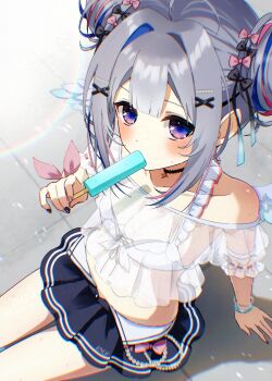 1girl ahoge amane_kanata amane_kanata_(summer) angel_wings bikini bikini_skirt black_choker black_nails black_skirt blue_hair bow breasts center-flap_bangs choker cleavage collarbone colored_inner_hair commentary_request cross-laced_bikini cross-laced_clothes double-parted_bangs double_bun feathered_wings food food_in_mouth frilled_bikini frills front-tie_bikini_top front-tie_top grey_hair hair_between_eyes hair_bow hair_bun hair_ornament hairclip halterneck highres holding holding_food holding_popsicle hololive looking_at_viewer medium_breasts medium_hair mini_wings multi-strapped_bikini_top multicolored_hair nail_polish navel official_alternate_costume official_alternate_hairstyle pink_hair pink_nails popsicle popsicle_in_mouth sidelocks sitting skirt smile solo stomach streaked_hair swimsuit uni_(maru231) virtual_youtuber white_bikini white_wings wings x_hair_ornament