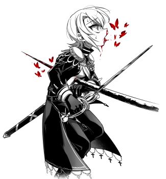 1girl blood blood_from_mouth breasts cropped_legs epaulettes formal_clothes gloves hasumi_leia highres impaled long_sleeves magical_girl mahou_shoujo_no_majo_saiban pant_suit pants rapier ryona sash scabbard sheath short_hair shoulder_sash solo spot_color suit suno_(imydream) sweatdrop sword weapon