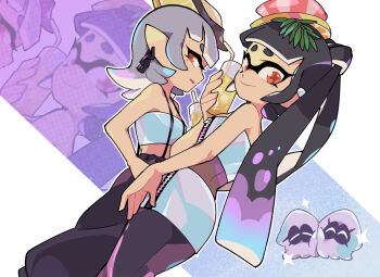 2girls ^_^ alternate_form arm_at_side baggy_pants bare_shoulders black_hair black_pants black_pantyhose blue_skirt blue_tube_top breasts callie_(splatoon) callie_(summer_nights)_(splatoon) chain chain_earrings chibi chibi_inset closed_eyes closed_mouth commentary cousins cowboy_shot cup drink drinking_glass drinking_straw english_commentary food food_on_head fruit gomipomi gradient_hair grey_hair hand_on_own_hip holding holding_cup iridescent_clothes ice ice_cube inkling inkling_(swim_form) lemon lemon_slice long_hair looking_at_viewer marie_(splatoon) marie_(summer_nights)_(splatoon) medium_hair midriff miniskirt mole mole_under_eye multicolored_hair multiple_girls nintendo object_on_head official_alternate_costume official_alternate_hairstyle orange_eyes orange_pupils outline oyster pants pantyhose parted_lips pencil_skirt pink_hair pointy_ears purple_hair shrimp sidelocks skirt small_breasts smile sparkle splatoon_(series) splatoon_3 squid star-shaped_pupils star_(symbol) strapless suspenders symbol-shaped_pupils tentacle_hair tube_top twintails very_long_hair white_background white_outline zipper zipper_pull_tab zipper_skirt zoom_layer