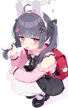 Rule 34 | 1girl, alternate costume, animal ears, backpack, bag, black bow, black hair, black nails, black skirt, blue archive, bow, commentary request, didac fantasy, fake animal ears, hair ornament, halo, highres, jirai kei, looking at viewer, miyu (blue archive), pantyhose, pink shirt, randoseru, red eyes, shirt, skirt, solo, squatting, white pantyhose
