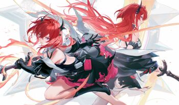 Rule 34 | 2girls, absurdres, arknights, arknights: endfield, bare shoulders, black boots, boots, commentary, demon girl, demon horns, dress, elbow gloves, floating hair, foot out of frame, gloves, hair between eyes, highres, holding, holding sword, holding weapon, horns, kaido jun, laevatain (arknights), long hair, looking back, multiple girls, purple eyes, red hair, slit pupils, surtr (arknights), sword, untranslatable commentary, weapon