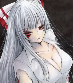 1girl blood blood_from_mouth blood_on_arm blood_on_face bow breasts cleavage closed_mouth collarbone commentary_request fujiwara_no_mokou grey_hair hair_bow highres long_hair looking_at_viewer marker_(medium) red_eyes shirt solo torn_clothes torn_sleeves touhou traditional_media white_bow white_shirt yuuki_hana_(jtnp5334)