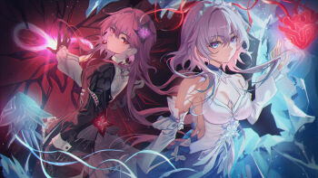 2girls back-to-back bare_shoulders black_dress black_gloves blue_dress blue_eyes breasts closed_mouth colored_tips commentary detached_sleeves dress evernight_(honkai:_star_rail) evey_(honkai:_star_rail) gloves goboogie highres honkai:_star_rail honkai_(series) long_hair march_7th_(honkai:_star_rail) march_7th_(nascent_spring)_(honkai:_star_rail) medium_breasts multicolored_hair multiple_girls pink_hair red_eyes shirt sideless_dress smile tiara two-tone_dress white_dress white_shirt