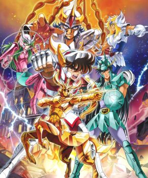 Rule 34 | 5boys, andromeda shun, aqua bodysuit, aqua eyes, arm shield, armor, armored boots, armored skirt, blonde hair, blue eyes, blue hair, blue pants, blue shirt, bodysuit, boots, brown eyes, brown hair, centaur, chain, chain whip, circlet, clenched hand, closed mouth, colosseum, commentary request, cygnus hyouga, debris, dragon shiryuu, electricity, fake horns, fingerless gloves, gauntlets, gloves, green armor, green eyes, green hair, helmet, holding, holding whip, horned helmet, horns, long hair, male focus, medium hair, multiple boys, open mouth, outdoors, outstretched arm, pants, pegasus seiya, phoenix ikki, pink armor, pink gloves, red pants, red shirt, saint seiya, shirt, short hair, shoulder armor, sleeveless, sleeveless shirt, smirk, standing, star (sky), statue, taur, very long hair, whip, white armor, winged helmet, yokota mamoru