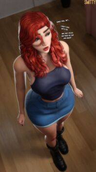 1girl 3d absurdres artist_name ass bare_shoulders black_tank_top boots breasts english_text full_body green_eyes highres indoors large_breasts long_hair marvel mary_jane_watson red_hair red_lips skirt smittt34 solo tank_top thick_lips thighs wide_hips