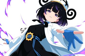 1girl coat gloves gwynn_(pokemon) hat highres nintendo pokemon pokemon_legends:_z-a purple_eyes purple_hair short_hair solo su1zide white_coat