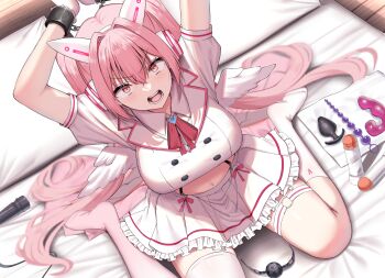 1girl anal_beads angry bed bed_sheet blush breasts commentary_request hair_ornament indoors kanikou large_breasts long_hair looking_at_viewer lube navel on_bed open_mouth original pillow pink_eyes pink_hair restrained sex_toy shirt short_sleeves sitting skirt solo teeth thighhighs twintails v-shaped_eyebrows very_long_hair wariza white_shirt white_skirt white_thighhighs wooden_floor