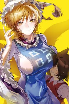 &gt;_&lt; 2girls absurdres animal_ears blonde_hair blue_tabard breasts brown_hair cat_ears cat_girl chen closed_eyes closed_mouth collared_shirt commentary cowboy_shot dress english_commentary fox_ears fox_girl fox_tail frills hair_between_eyes hand_up hat highres large_breasts long_sleeves looking_at_viewer loveranforever mob_cap multiple_girls multiple_tails no_headwear ofuda ofuda_on_clothes pinafore_dress red_dress shirt short_hair simple_background sleeveless sleeveless_dress smile standing tabard tail tassel teeth touhou white_dress white_hat white_shirt wide_sleeves yakumo_ran yellow_background yellow_eyes