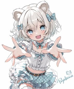 Rule 34 | 1girl, :d, animal ears, bear ears, belt, black belt, blue bow, blue eyes, blue hair, blue ribbon, blue skirt, blue wrist cuffs, bow, center frills, commentary request, cowboy shot, crop top, fang, frilled shirt, frilled thigh strap, frills, gradient hair, hair bow, highres, looking at viewer, midriff, multicolored eyes, multicolored hair, neck ribbon, open mouth, original, outstretched arms, pink eyes, po yo ta ma, polka dot, polka dot bow, polka dot skirt, puffy short sleeves, puffy sleeves, reaching, reaching towards viewer, ribbon, shirt, shirt bow, short hair, short sleeves, simple background, skin fang, skirt, smile, solo, thigh strap, thighhighs, two-tone eyes, two-tone hair, white background, white hair, white shirt, white thighhighs, wrist cuffs