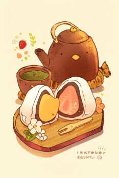 baby_animal bird chick commentary cup cutting_board daifuku dessert english_commentary flower food food_focus fruit green_tea highres ichigo_daifuku in_food inktober kettle mixed_media nao_(bestrollever) no_humans original red_flower rope shadow shimenawa star_(symbol) strawberry tea wagashi white_flower
