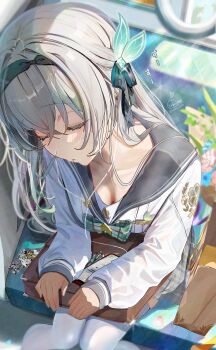 1girl bag bag_charm black_hairband black_sailor_collar blush bow bowtie briefcase brown_bag cellphone charm_(object) closed_eyes closed_mouth collarbone commentary_request downblouse earphones fingernails firefly_(honkai:_star_rail) firefly_(spring_missive)_(honkai:_star_rail) green_bow green_bowtie grey_hair grey_skirt hair_ornament hairband head_tilt highres honkai:_star_rail honkai_(series) kabu_usagi long_hair long_sleeves official_alternate_costume phone sailor_collar sam_(honkai:_star_rail) school_bag signature sitting skirt sleeves_past_wrists solo thighhighs train_interior twitter_username very_long_hair white_thighhighs