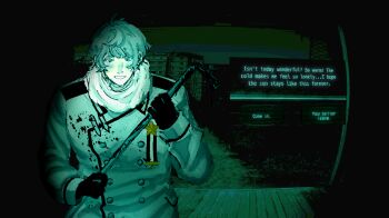 Rule 34 | 1boy, axis powers hetalia, blood, blood splatter, bloody weapon, blush, coat, crossover, dialogue box, english text, game screenshot background, gameplay mechanics, green theme, grin, happy, holding, holding weapon, industrial pipe, leaning forward, male focus, medal, military uniform, night, night vision, no i'm not a human, outdoors, overcoat, pale skin, parody, pov peephole, russia (hetalia), scarf, screenshot background, shoulder boards, smile, solo, standing, staygoldralph, vignetting, weapon, wooden porch