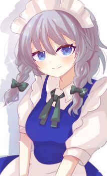 1girl absurdres apron blue_dress blue_eyes blush bow braid braided_sidelock breasts commentary dress green_bow green_ribbon grey_hair hair_bow highres izayoi_sakuya looking_at_viewer maid maid_apron maid_headdress medium_breasts neck_ribbon one-hour_drawing_challenge pinafore_dress ribbon shadow shirt simple_background sleeveless sleeveless_dress smile solo tomomasa_(coralsea23) touhou twin_braids waist_apron white_apron white_background white_shirt