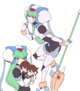 1girl aile_(mega_man_zx) anklet armor black_bodysuit bodysuit boots bracelet cropped_vest crotch_plate elbow_gloves finger_to_mouth foot_on_weapon forehead_jewel gloves gold_anklet gold_bracelet green_hair helmet highres holding holding_polearm holding_weapon hugging_doll hugging_object index_finger_raised jewelry joints long_hair looking_at_viewer mega_man_(series) mega_man_zx multiple_views pandora_(mega_man) polearm power_armor raica_(khongbautroi) red_eyes robot_joints stuffed_toy thigh_boots vent_(mega_man) vest weapon white_armor white_footwear white_gloves white_helmet white_vest