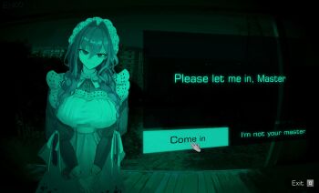 Rule 34 | 1girl, apron, braid, closed mouth, commentary, dialogue box, dialogue options, dress, enc ods, english commentary, english text, green theme, hair intakes, hair ribbon, hat, highres, hololive, hololive english, long hair, low twin braids, maid apron, mob cap, no i'm not a human, official alternate costume, official alternate hairstyle, ouro kronii, ouro kronii (maid), porch, pov peephole, ribbon, smile, solo, twin braids, virtual youtuber