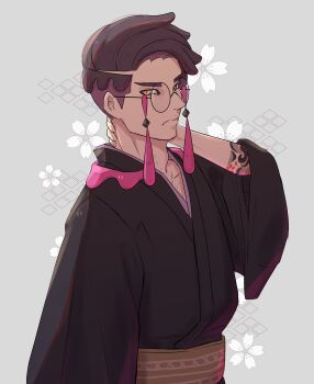 arm_behind_head cherry_blossoms corbeau_(pokemon) eyewear_strap glasses grey_background highres irezumi japanese_clothes jinn_kunnn kimono nintendo obi petals pokemon pokemon_legends:_z-a purple_hair round_eyewear sash tattoo yellow_eyes yukata