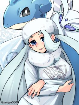 1girl arms_under_breasts artist_name blue_eyes breasts bug earrings frosmoth fur_collar fur_hat gen_1_pokemon gen_8_pokemon grin hat highres horns insect jewelry lapras large_breasts long_hair long_neck long_sleeves mature_female melony_(pokemon) moth multicolored_hair nintendo pearl_earrings pengin0808 plump pokemon pokemon_(creature) pokemon_swsh ring shorts side_slit side_slit_shorts single_horn smile streaked_hair sweater twitter_username upper_body ushanka wedding_ring white_hat white_sweater