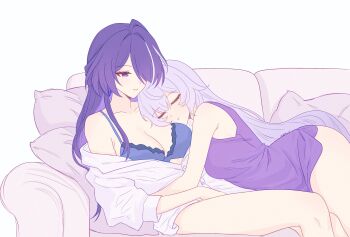 2girls acheron_(honkai:_star_rail) alternate_costume black_swan_(honkai:_star_rail) bra breasts cleavage closed_eyes closed_mouth collarbone commentary couch english_commentary hair_over_one_eye head_on_another's_shoulder highres honkai:_star_rail honkai_(series) light_smile long_hair medium_breasts multicolored_hair multiple_girls off_shoulder on_couch parted_lips pillow purple_bra purple_eyes purple_hair samlatte shirt signature simple_background sitting sleeping streaked_hair thighs underwear very_long_hair white_background white_shirt yuri