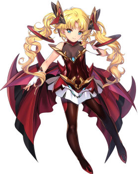 1girl blonde_hair blue_eyes bodystocking choukou_(alicesoft) choukou_taisen_escalation_heroines clenched_hand covered_navel dress fingerless_gloves full_body gloves long_hair min-naraken official_art ootori_akane outstretched_arm red_dress red_thighhighs solo tachi-e thighhighs twintails zero_shiki