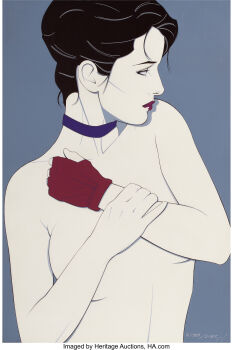 1girl absurdres acrylic_paint_(medium) artist_name black_hair blue_background border breasts choker dated fingerless_gloves flat_color gloves hand_on_own_wrist highres large_breasts looking_to_the_side original painting_(medium) patrick_nagel purple_choker red_gloves simple_background single_glove solo topless_female traditional_media upper_body white_border