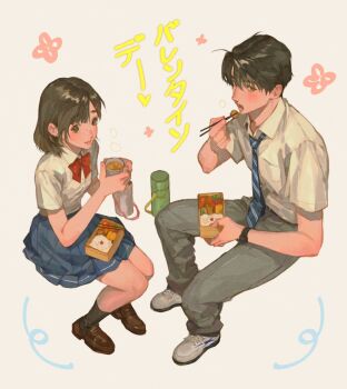1boy 1girl bento black_hair black_socks blue_necktie blue_skirt bow bowtie breasts brown_eyes brown_hair brown_shoes chopsticks collared_shirt cup eating enxy from_above full_body grey_pants happy_valentine highres holding holding_chopsticks holding_cup light_blush loafers medium_breasts medium_hair necktie open_mouth original pants pleated_skirt red_bow red_bowtie school_uniform shirt shoes short_hair short_sleeves simple_background sitting skirt sneakers socks striped_clothes striped_necktie thermos watch white_shirt white_shoes wristwatch
