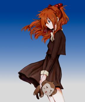 1girl absurdres blank_stare blue_background blue_eyes bow brown_dress closed_mouth collared_dress commentary cowboy_shot depressed dress fffkorobka floating_hair from_side gradient_background grey_background hair_between_eyes hair_ornament hashtag-only_commentary highres holding holding_stuffed_toy interface_headset_(evangelion) long_hair long_sleeves looking_afar looking_ahead neon_genesis_evangelion one_eye_covered orange_hair solo souryuu_asuka_langley standing stuffed_animal stuffed_monkey stuffed_toy two_side_up white_bow wind wind_lift