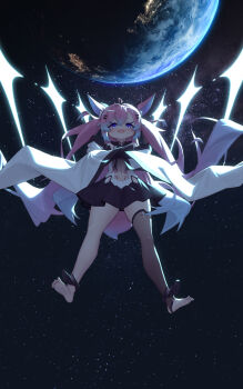 1girl :d animal_ears anklet bad_source barefoot black_gloves black_skirt black_thighhighs blush crossed_arms earth_(planet) floating fox_ears fox_girl from_below full_body gloves gradient_hair hair_between_eyes hair_ornament hairclip highres indie_virtual_youtuber jewelry leotard long_bangs long_hair long_sleeves multicolored_hair navel official_art open_mouth pink_hair planet purple_eyes sidelocks single_bare_foot skirt smile soles solo stirrup_legwear teletha_(vtuber) thighhighs toeless_legwear universe very_long_hair virtual_youtuber