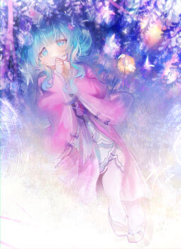 1girl absurdres black_bow blue_eyes blue_hair bow bug butterfly commission flower flower_ornament frilled_skirt frilled_sleeves frills hair_flower hair_ornament highres insect japanese_clothes leaf looking_at_viewer lying mask mixed-language_commentary nmlm_16 obi okobo open_mouth original platform_sandals rabbit_mask sandals sash skirt wide_sleeves