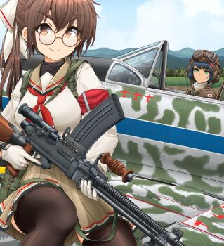 2girls aircraft black_hair black_pantyhose blue_eyes blue_sky breasts brown_eyes brown_hair brown_jacket brown_skirt cloud cloudy_sky flag_print glasses gloves goggles goggles_on_head gun helmet highres holding holding_gun holding_weapon jacket japanese_flag japanese_flag_print large_breasts looking_at_another looking_at_viewer mikeran_(mikelan) mountain multiple_girls original outdoors pantyhose red_sailor_collar sailor_collar sitting skirt sky smile sweat weapon weapon_request white_gloves