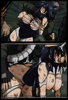 black_hair blue_eyes boku_no_hero_academia breasts defeat hanging_breasts highres large_breasts long_hair mark_gavatino mask midnight_(boku_no_hero_academia) rape ryona sex sex_from_behind spitroast torn_clothes