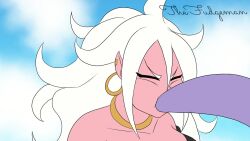 2girls android_21 animated bandeau belly big_belly black_nails black_sclera blue_eyes blush bracelet breasts colored_sclera colored_skin dragon_ball dragon_ball_fighterz earrings elbow_gloves female_focus fighting fingerless_gloves gloves harem_pants high_heels highres jewelry long_hair majin_android_21 multiple_girls neck_ring pants pink_skin purple_skin red_eyes sound struggling swallowing tagme tail the_fudgeman video vore white_hair