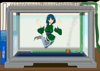 1girl against_glass air_bubble blue_eyes blue_hair blue_sash blush bubble drill_hair fins fish_tank frilled_kimono frills green_kimono hand_on_glass hands_up head_fins highres japanese_clothes kams kimono looking_at_viewer mermaid monster_girl nose_blush open_mouth sash short_hair tongue touhou twin_drills wakasagihime