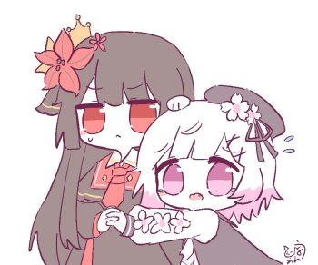 2girls :&lt; beret black_hair black_hat cherry_blossoms chibi chibi_only closed_mouth commentary_request crown fang flower flying_sweatdrops hair_flower hair_ornament hand_on_another&#039;s_head hat hyouenn jitome long_hair long_sleeves looking_at_viewer mahou_shoujo_no_majo_saiban multicolored_hair multiple_girls necktie nikaido_hiro open_mouth pink_eyes pink_hair red_eyes red_flower red_necktie sakuraba_ema short_hair simple_background sweatdrop tearing_up white_background white_flower white_hair worried x_hair_ornament