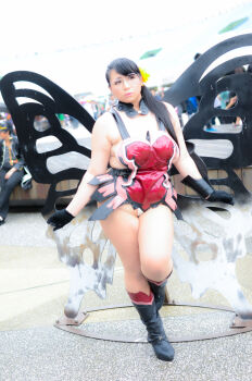 Rule 34 | 1girl, asian, black hair, breasts, butterfly wings, cattleya (queen's blade), cattleya (queen's blade) (cosplay), chouzuki maryou, cosplay, gauntlets, glasses, gloves, insect wings, large breasts, lipstick, makeup, photo (medium), plump, queen's blade, solo, thick thighs, thighs, wings