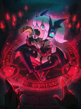1girl absurdres black_choker black_horns black_jacket black_thighhighs black_wings blue_eyes candle choker commentary demon_girl demon_horns demon_wings digitan_(porforever) eating english_commentary fang food fur-trimmed_jacket fur_trim hair_between_eyes headphones heart highres holding holding_food horns indoors jacket jacket_partially_removed jewelry key lock long_sleeves looking_at_viewer medium_hair multiple_rings open_mouth original pentagram ponytail porforever pov red_fire ring sitting solo summoning sweatdrop taco thighhighs tongue tongue_out white_hair wings