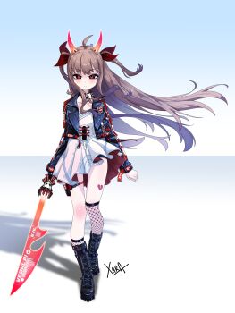 Rule 34 | 1girl, absurdres, ahoge, black boots, black jacket, boots, bow, bowtie, brown hair, closed mouth, commentary, dress, english commentary, evil neuro-sama, fishnet socks, fishnets, floating hair, full body, hair ribbon, highres, holding, holding sword, holding weapon, horns, jacket, long hair, long sleeves, looking at viewer, neuro-sama, red bow, red eyes, red horns, red ribbon, ribbon, short dress, signature, socks, solo, standing, sword, two side up, vedal ai, virtual youtuber, walking, weapon, white dress, xarakura xara