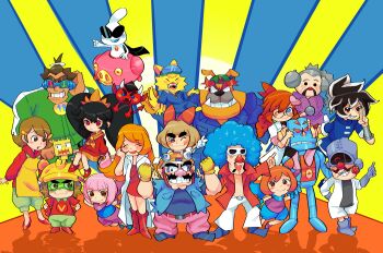 18-volt 5-volt 9-volt :3 absurdres ana_(warioware) ashley_(warioware) ashlxy_wxtch blue_shirt closed_eyes doctor_crygor dress dribble_(warioware) fronk group_picture hair_ornament heart heart_hair_ornament highres jimmy_t_(warioware) kat_(warioware) lulu_(warioware) master_mantis mike_(warioware) mona_(warioware) nintendo one_eye_closed orbulon penny_crygor pointing red_(warioware) red_dress round_eyewear shirt smile spitz striped_background sunburst sunburst_background v wario warioware young_cricket