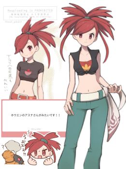 1girl belt black_shirt chibi chibi_inset closed_mouth collarbone crop_top cropped_shirt eyelashes flannery_(pokemon) frown gen_3_pokemon green_pants highres looking_at_viewer midriff multiple_persona navel nintendo noi_(noi_pk27) pants pokemon pokemon_(creature) pokemon_oras pokemon_rse red_belt red_eyes red_hair request_inset shirt smile torkoal translation_request twitter_username white_belt