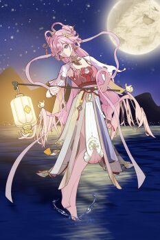 1girl breasts chinese_clothes chinese_commentary chinese_hairstyle commentary_request diamond-shaped_pupils diamond_(shape) dress earrings elf elysia_(hi_love_elf)_(honkai_impact) elysia_(honkai_impact) elysia_(moonlit_grace)_(honkai_impact) flower full_moon hair_flower hair_ornament highres holding holding_lantern honkai_(series) honkai_impact_3rd jewelry lantern large_breasts long_hair moon mountainous_horizon night ocean official_alternate_costume pantyhose pink_hair pink_pantyhose pointy_ears purple_eyes qingxu_xiao_dai_ovo rabbit sky solo star_(sky) starry_sky symbol-shaped_pupils very_long_hair white_dress