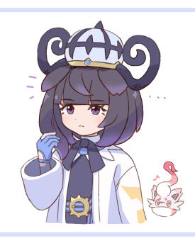 ... 1girl 1other absurdres adjusting_hair animal_ears black_dress black_hair blue_gloves blunt_bangs blush bob_cut coat dress gloves gradient_hair gwynn_(pokemon) hat highres hisuian_zorua long_sleeves mega_stone multicolored_hair musical_note neko_gyoza nintendo notice_lines open_clothes open_coat partially_fingerless_gloves pokemon pokemon_(creature) purple_eyes purple_hair short_hair solo white_background white_coat yellow_eyes