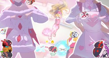 alternate_costume apron armor attack bare_shoulders blonde_hair blue_eyes bodystocking breasts ciel_(mega_man) collared_dress dress flower gillisk gloves heart heart_hands helmet high_heels highres fairy_leviathan_(mega_man) long_sleeves mega_man_(series) mega_man_x_(series) mega_man_x_dive mega_man_zero_(series) multiple_girls ponytail simple_background skirt sleeveless small_breasts sweater what