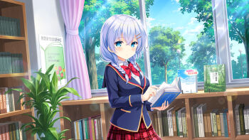 1girl :o aqua_eyes black_socks blazer blue_jacket bookcase bow braid closed_mouth front_braid girlfriend_(kari) hair_ornament hair_over_shoulder hairclip indoors jacket kneehighs library long_hair long_sleeves looking_at_viewer murakami_fumio official_art plaid_clothes plaid_skirt pleated_skirt qp:flapper red_bow red_skirt school school_uniform shirt shoes skirt socks solo standing tagme twin_braids white_shirt window