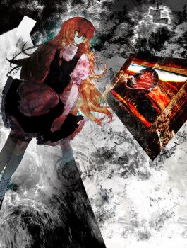 1girl abstract_background apron black_skirt black_vest blonde_hair braid brown-framed_eyewear closed_mouth cookie_(touhou) doorway dutch_angle expressionless frilled_skirt frills full_body glasses grey_background highres kirisame_marisa long_hair looking_to_the_side painting_(object) path puffy_short_sleeves puffy_sleeves road shirt short_sleeves side_braid single_braid sixsec6ndzlater skirt skirt_set socks solo standing touhou uzuki_(cookie) vest waist_apron white_apron white_shirt white_socks yellow_eyes